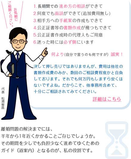 決して押し売りではありませんが、費用は他社の書類作成費のみか、数回のご相談費程度かと自負しております。それでも何万円もしますら安くはないですよね。だからこそ、他事務所含めて、十分にご相談されてみてください。離婚問題の解決までには、半年から1年近くかかることご存じでしょうか。その期間を少しでも負担少なく進めてゆくためのガイド（道案内）となるのが、私の役割です。