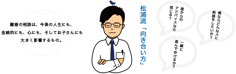 松浦流「向き合い方」離婚の相談は、今後の人生にも、金銭的にも、心にも、そしてお子さんにも大きく影響するもの。