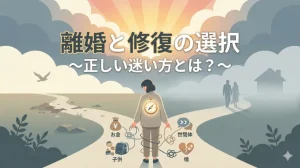 人生の岐路に立ち、「離婚と修復の選択 ～正しい迷い方とは？～」というタイトルの下で悩む人物の後ろ姿。足元には「お金」「子供」「世間体」「情」と書かれた糸が絡みついているが、背中の光るコンパスは自分自身の内側を指し示している。背景には左右に分かれる道と、雲間から差す希望の光が描かれているフラットイラスト。