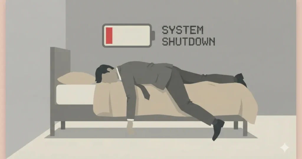仕事の疲れでエネルギーが切れ、ベッドに倒れ込んで動けなくなっている夫