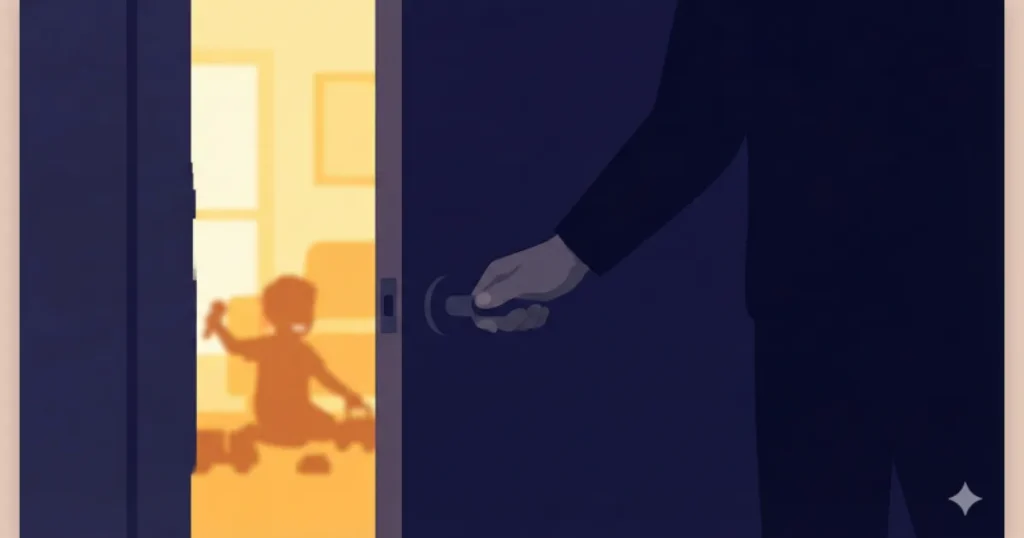 ドアの隙間からリビングの子供の様子を気にしつつ、あえて部屋から出ないようにしている父親