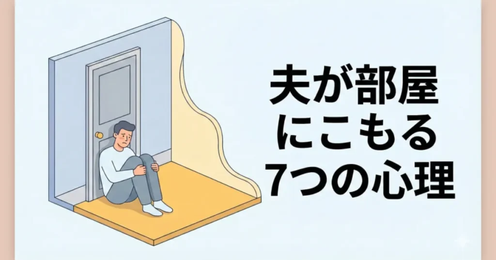 閉ざされたドアの向こうで、疲れや葛藤を抱えて座り込んでいる男性のイメージ図