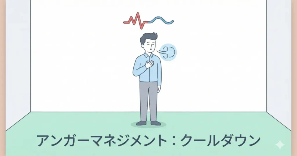 喧嘩の後に感情を鎮めるため、一人で深呼吸をしてクールダウンしようとしている男性