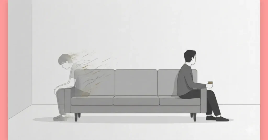 同じ部屋にいるのに無視され、存在が消えるように感じる心理的孤立のイメージ