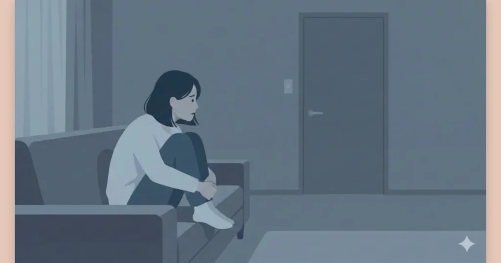 暗いリビングで一人、夫の部屋のドアを見つめながら不安を感じている妻の後ろ姿