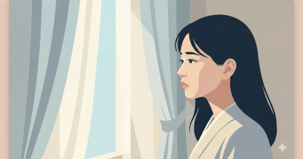 窓の外を見つめながら、離婚という選択肢を思い浮かべて深く思い悩む女性の横顔
