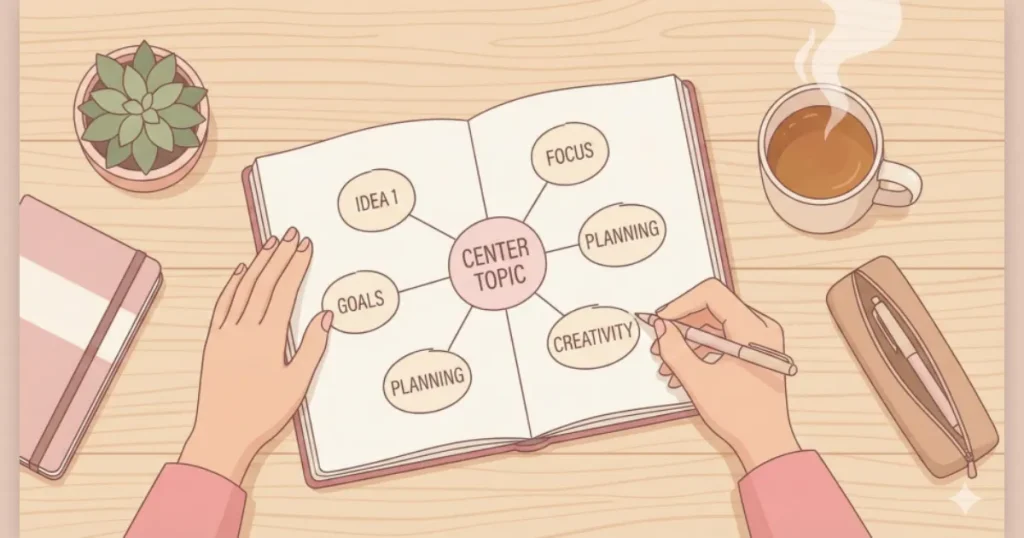 自分の感情をノートに書き出し、不安や怒りを整理してマッピングしている女性の手元