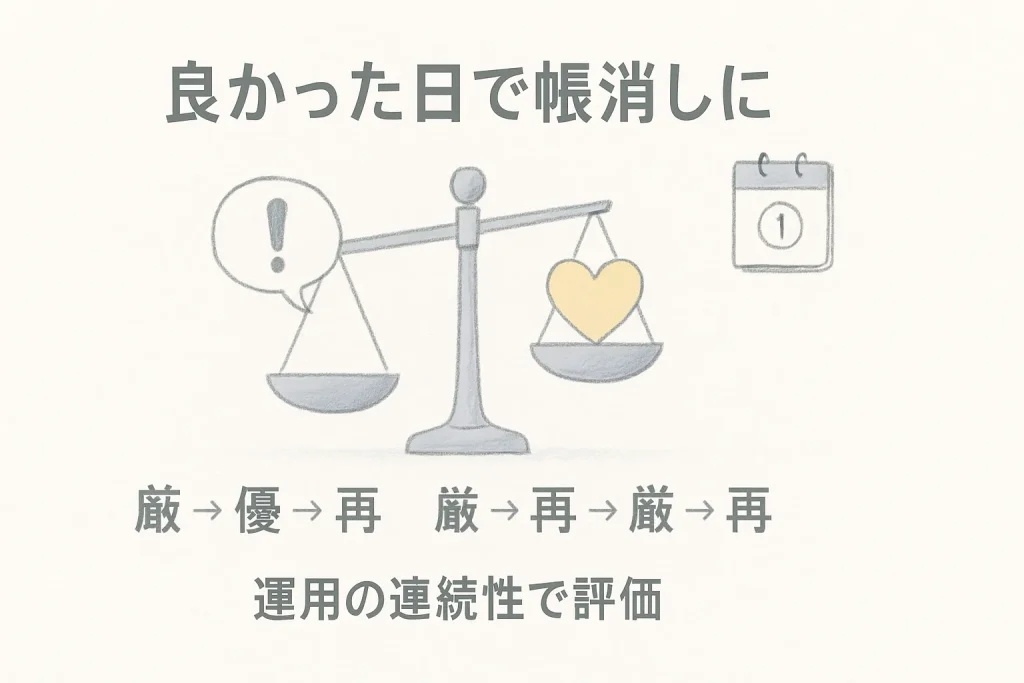 厳しさと優しさが交互に現れる時間軸の図解