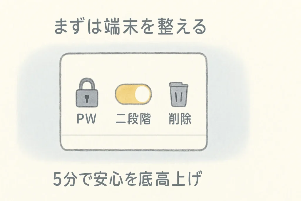 パスコード変更・二段階認証・不要アプリ削除の設定図