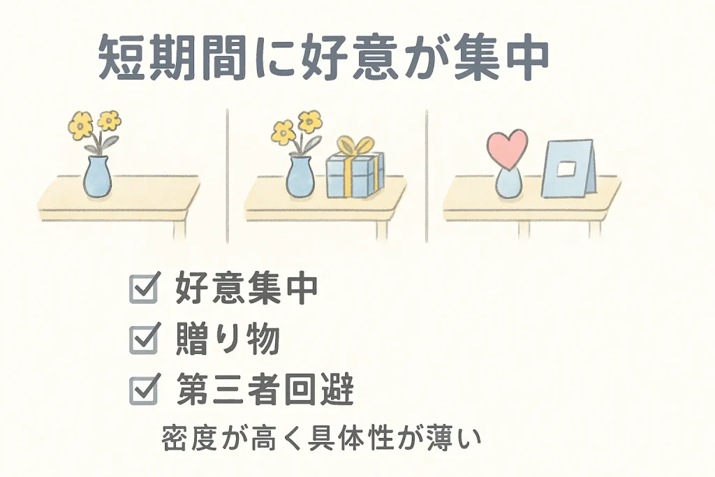短期間に好意が積み上がり、具体性が置き去りになる流れの図解