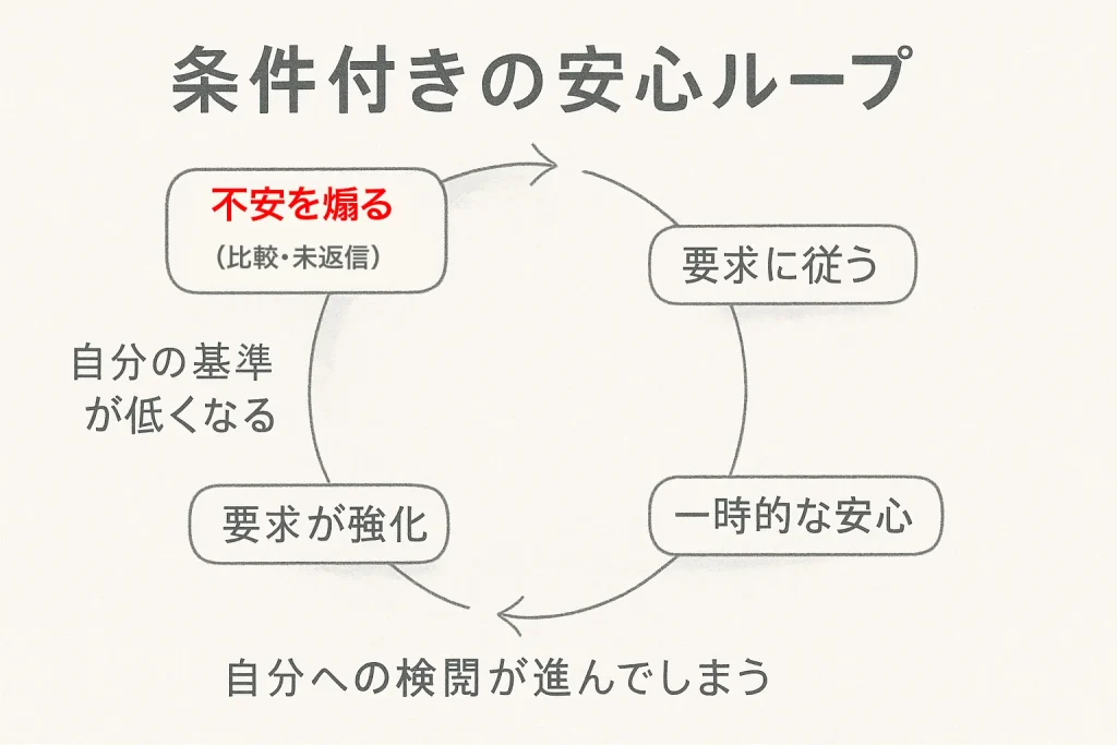 不安から条件付き安心に流れていく依存ループの図解