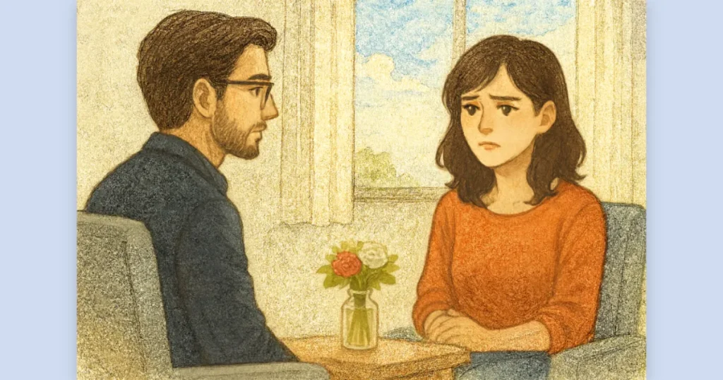 カウンセリング室でカウンセラーと向き合い、離婚の決意について話す妻