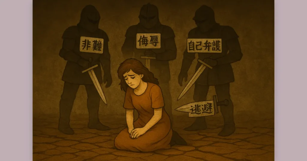 離婚の四騎士(非難、侮辱、自己弁護、逃避)の剣に囲まれ、精神的に追い詰められた妻を象徴するイラスト