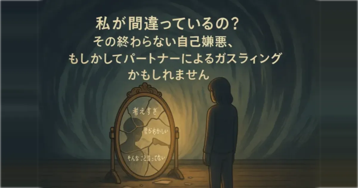 割れた鏡に映る不安げな人物のシルエットと「私が間違っているの?」というテキスト - 夫婦間のガスライティング問題を解説