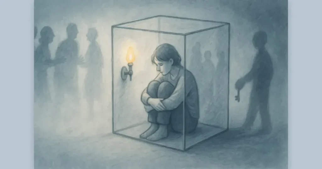 パートナーによって友人や家族から孤立させられる様子をガラスの箱で表現したイラスト