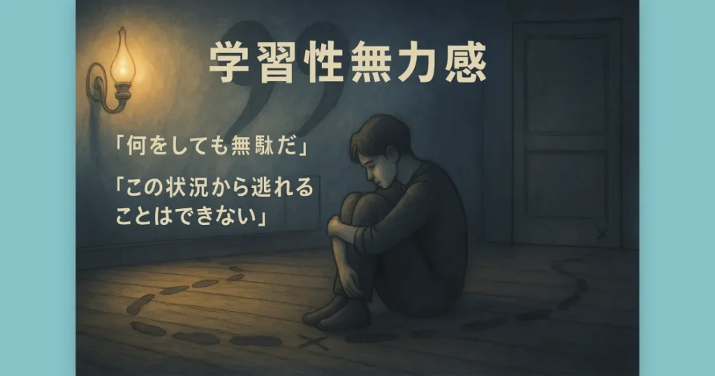 薄暗い室内で膝を抱えて座り込む人物の後ろ姿。足跡は何度も扉へ向かうが壁の前で途切れ、小さな×印が残る。ガス灯の淡い光だけが近くを照らし、壁には否定を示す引用符の影が漂う―ガスライティングによる学習性無力感を象徴するイラスト。