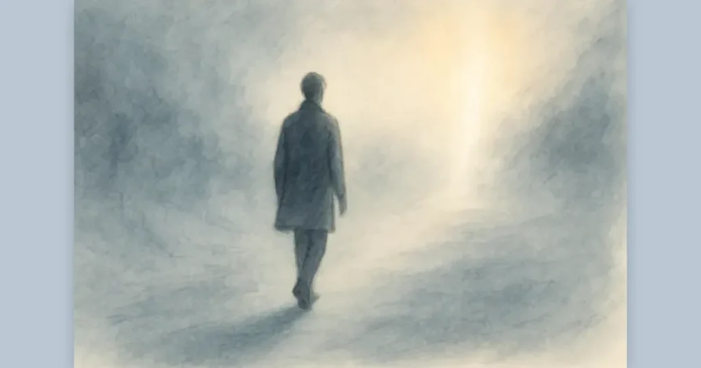 霧の中から光に向かって歩き出す人物のイラスト - ガスライティングからの回復への第一歩