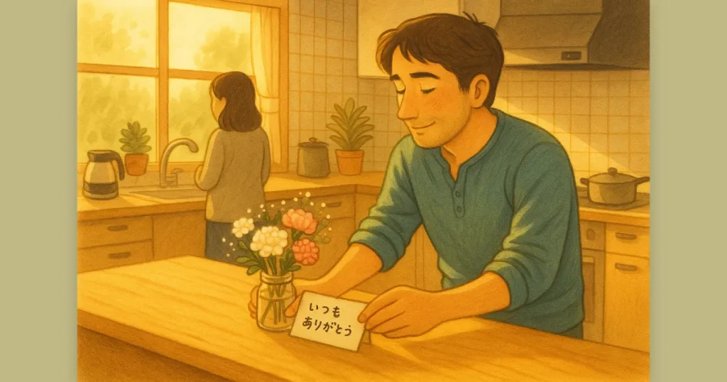 キッチンに「いつもありがとう」というメモを置き、妻への感謝を伝える夫のさりげない行動