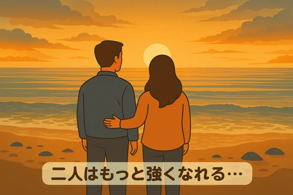 嵐の後の海を見つめる夫婦