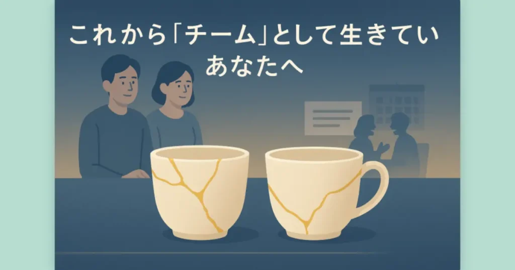 金継ぎのように傷を抱えたまま新しいチームとして生まれ変わる夫婦のイメージ