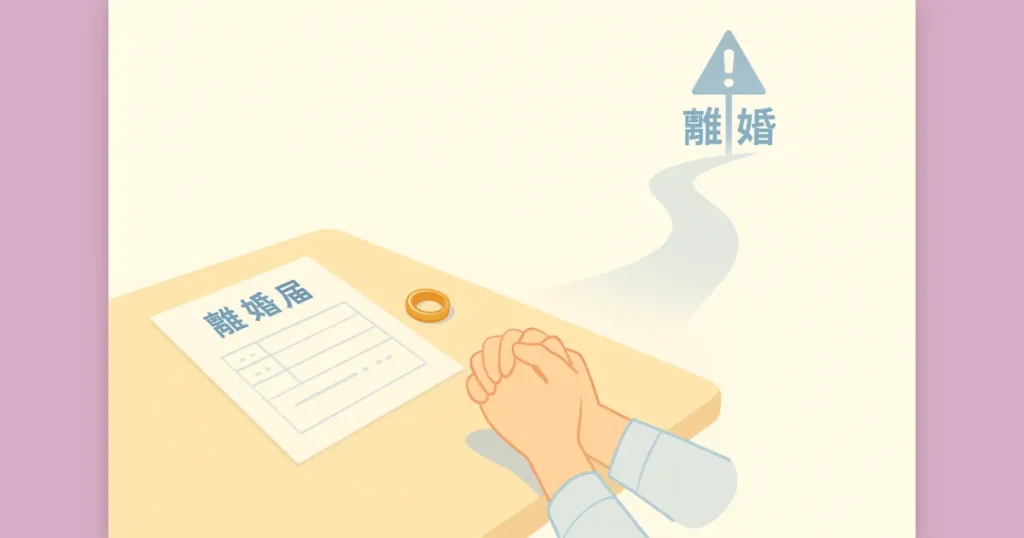 離婚届を前に「離婚」か「修復」かで深く迷う女性のイメージ。