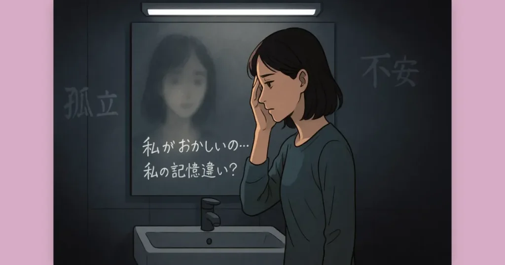 ガスライティングによって自分の感覚に自信が持てなくなり、鏡の前で悩む女性。