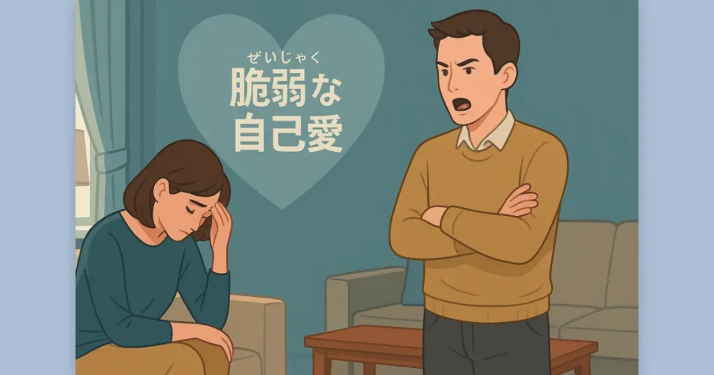 被害者面をして相手を責めるパートナーと、その言葉に傷つく女性。