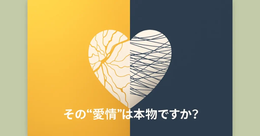 金継ぎと糸で二分された磁器のハートが、暖かい光と冷たい影の境界に置かれている。