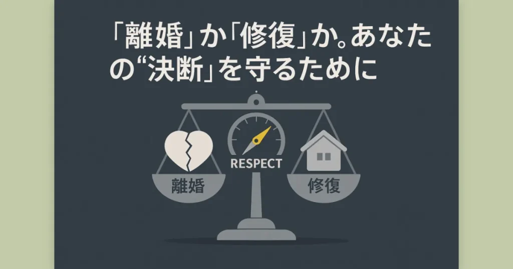 「離婚」と「修復」のラベルが付いた天秤。コンパスの針は「尊重」を指している。