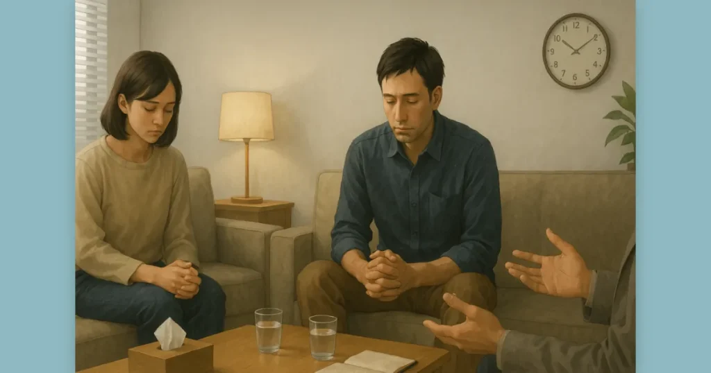 カウンセリング中に心が噛み合わないまま沈黙する夫婦と、静かに見守るカウンセラー