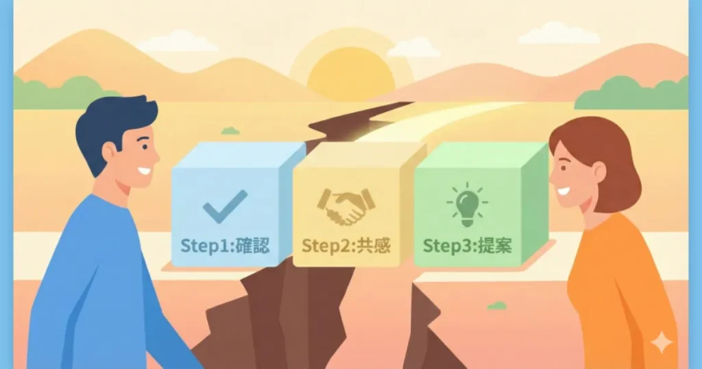 壊れかけた崖の間に「確認」「共感」「提案」という3つのステップで橋を架けるイラスト