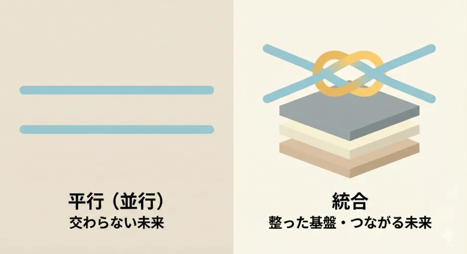 平行線になる話し合いと、土台(目的・前提・論点)が整って噛み合う話し合いの比較図