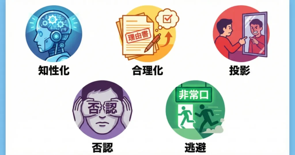 知性化、合理化、投影、否認、逃避の5つの防衛機制を表すシンプルアイコンセット