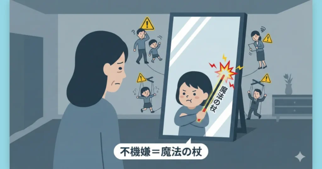 幼児期に泣いて要求を通した記憶と、現在の不機嫌な態度が重なって見える鏡のイラスト。