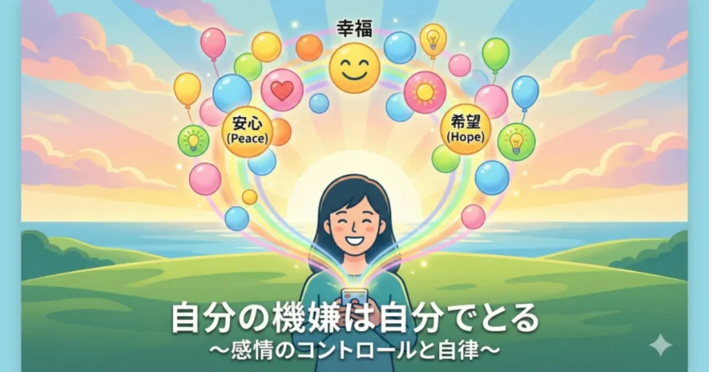 自分の機嫌という風船を、自分でしっかりと持っている穏やかな笑顔の女性のイラスト。