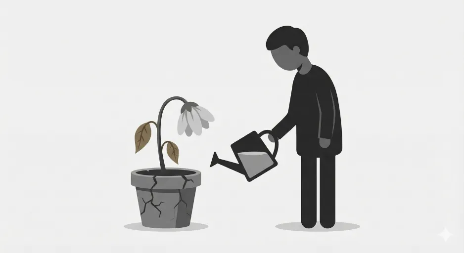 愛情や感謝の言葉がなく、心が枯れていく様子を植物で表現したイラスト