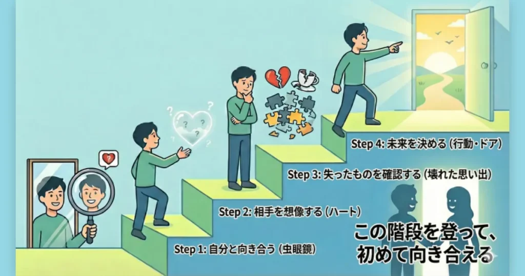 相手に走って謝りに行くのではなく、まずは立ち止まって自分の内面を見つめる階段のイラスト。