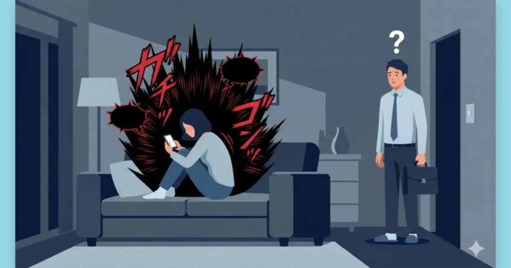 リビングでスマホを見ながら不機嫌な妻と、困惑して立ち尽くす夫のフラットイラスト。