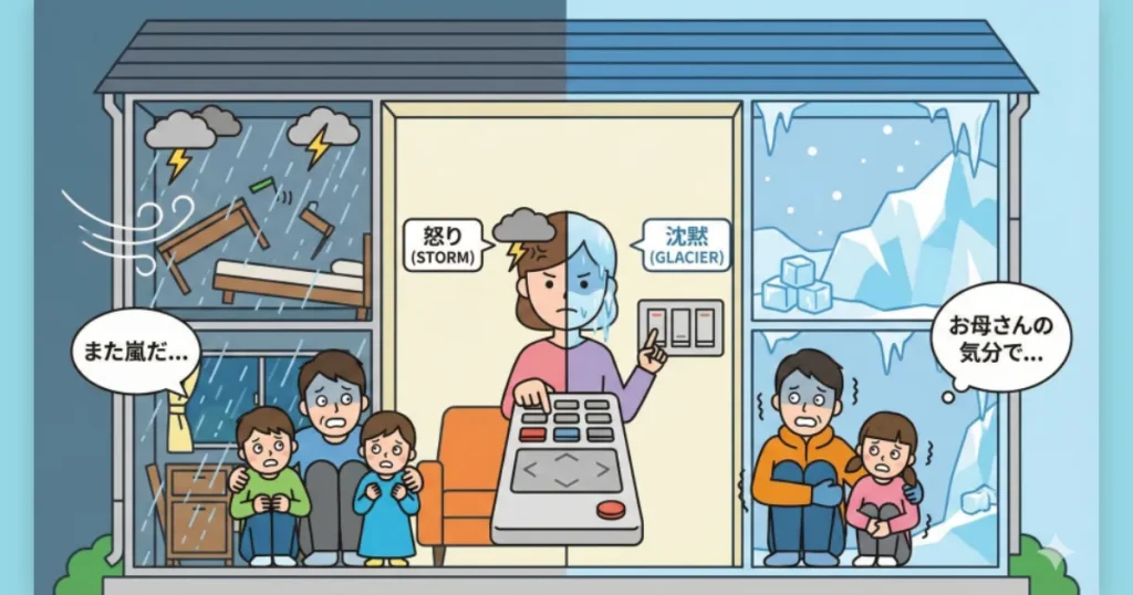 家の中の天気が、一人の人物の表情スイッチによって操作されているイラスト。