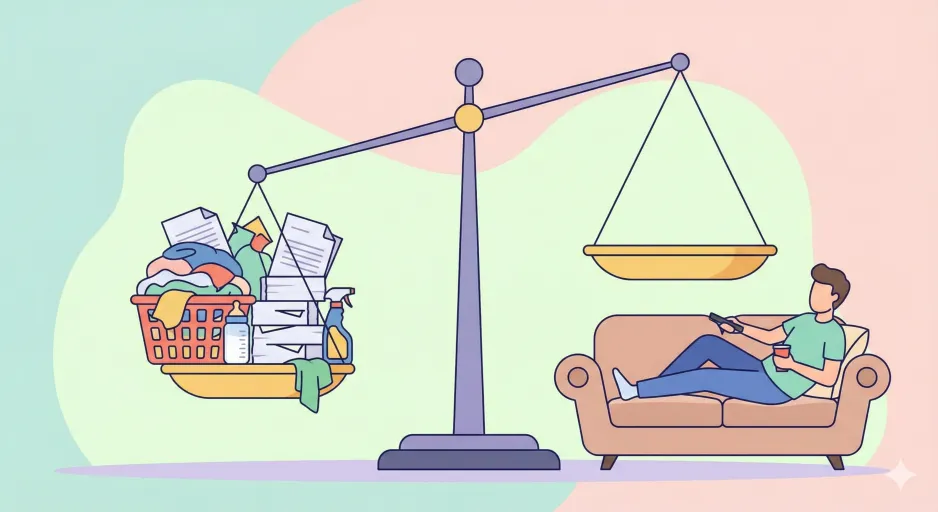 家事と育児の負担が片方に極端に偏っている天秤と、何もしないパートナーのイラスト