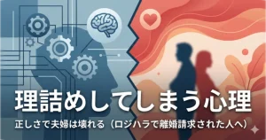 記事タイトル「理詰めしてしまう心理——正しさで夫婦は壊れる」と、すれ違う夫婦のシルエットが描かれたアイキャッチ画像