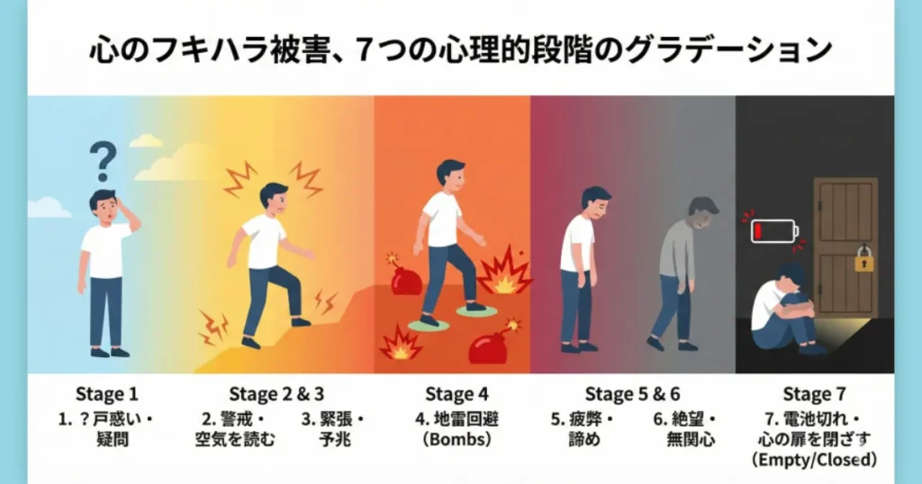 男性の電池残量が段階的に減っていき、最後に空っぽになる様子のイラスト。