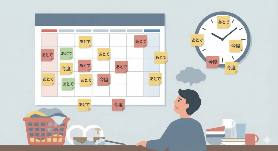 家事を頼んでも「後でやる」と先延ばしされ続け、タスクが消化されない様子のイラスト