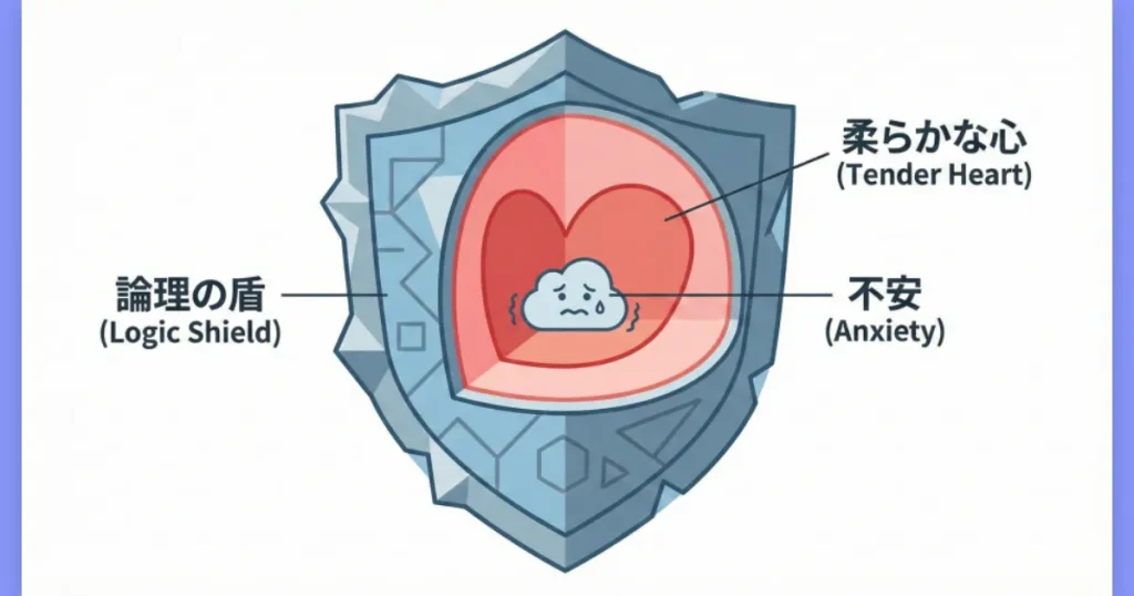 頑丈な鎧（理詰め）を着ているが、その中には不安で震えている小さな子供がいる心理描写のイラスト