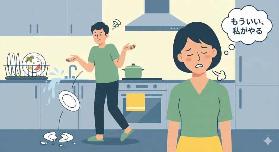 わざと家事を失敗して相手に諦めさせようとする「武器化された無能」のイラスト
