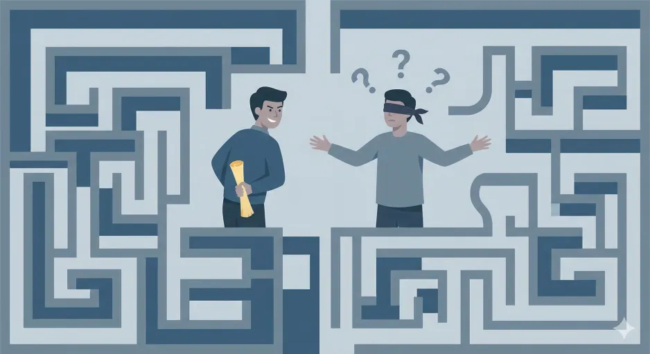 家庭内の重要な情報を共有せず、パートナーを混乱させる様子を表した迷路のイラスト