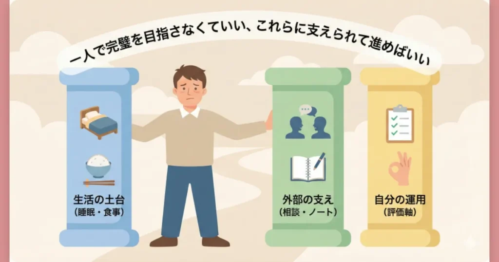 フキハラ再発防止のための3行ログのイメージ。予兆、引き金、対処の3項目を記録し、自分のパターンを把握するためのノートのイラスト