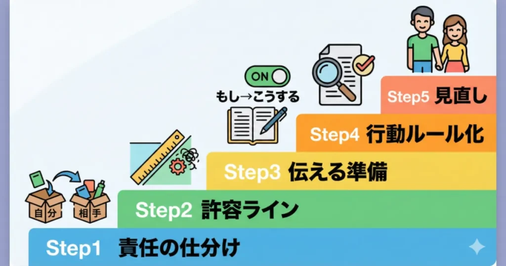 夫婦の境界線を作るための5つのステップ（仕分け、許容ライン、準備、ルール化、見直し）のフローチャート