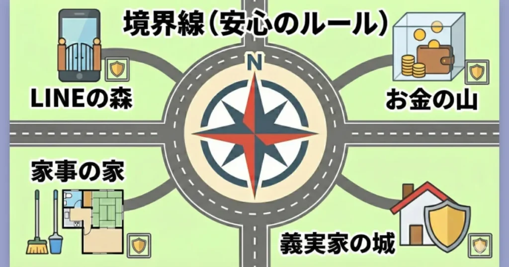 無視、LINE、家事、お金など、夫婦の悩み別に境界線を当てはめる地図のようなイメージ