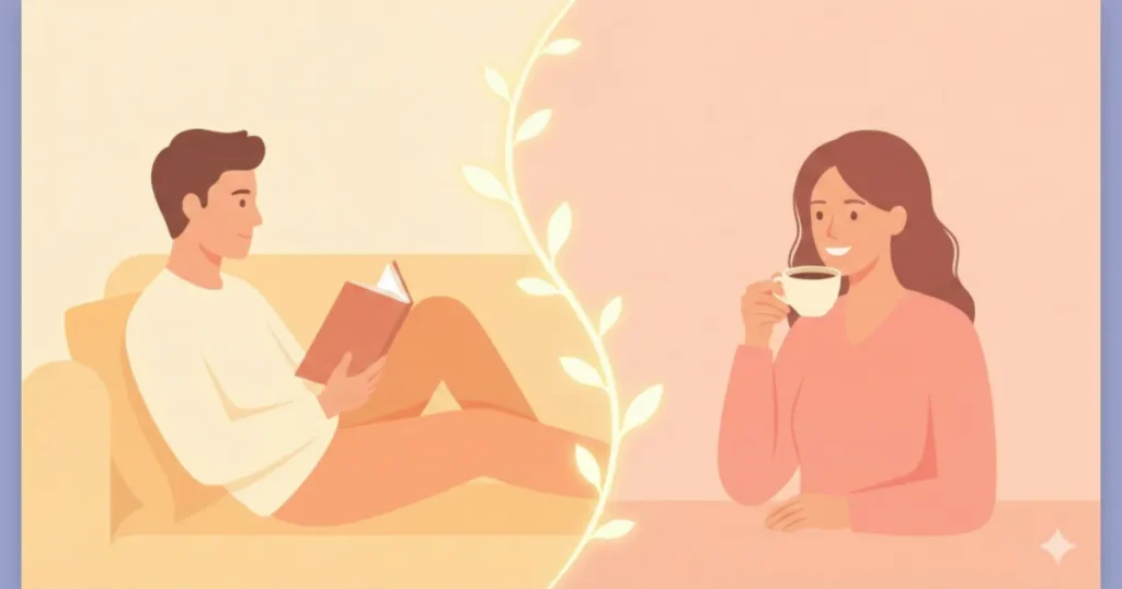 夫婦の間に引かれた境界線が、壁ではなく、二人を優しく守るガードレールや安全地帯の枠になっているイメージイラスト